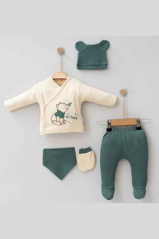 Winnie Pooh Desenli Erkek Bebek Hastane Çıkışı Takım 5'li Zıbın Seti 0-3 Ay