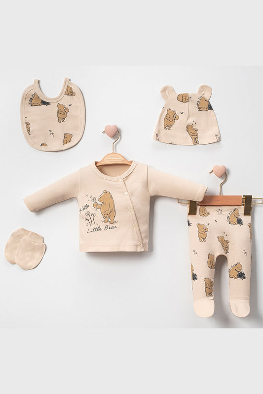 Little Bear Baskılı 5'Li Unisex Bebek Hastane Çıkışı Yenidoğan Zıbın Seti 0-3 Ay