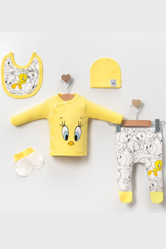 Sarı Civcivim Tweety Desenli Kız Bebek Hastane Çıkışı Takımı 5'li Yenidoğan Bebek Set 0-3 Ay