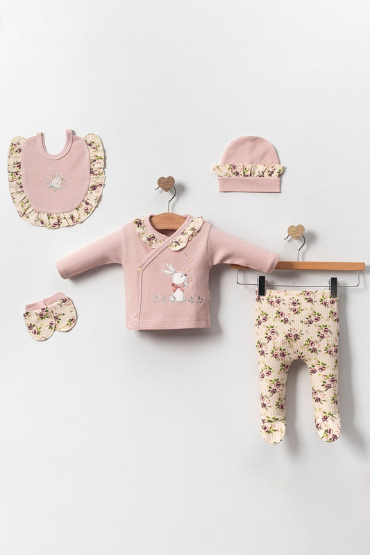 Haylaz Tavşan Detaylı Çiçekli Kız Bebek Hastane Çıkışı Takımı Kutulu %100 Pamuk 5 Parça Set 0-3 Ay