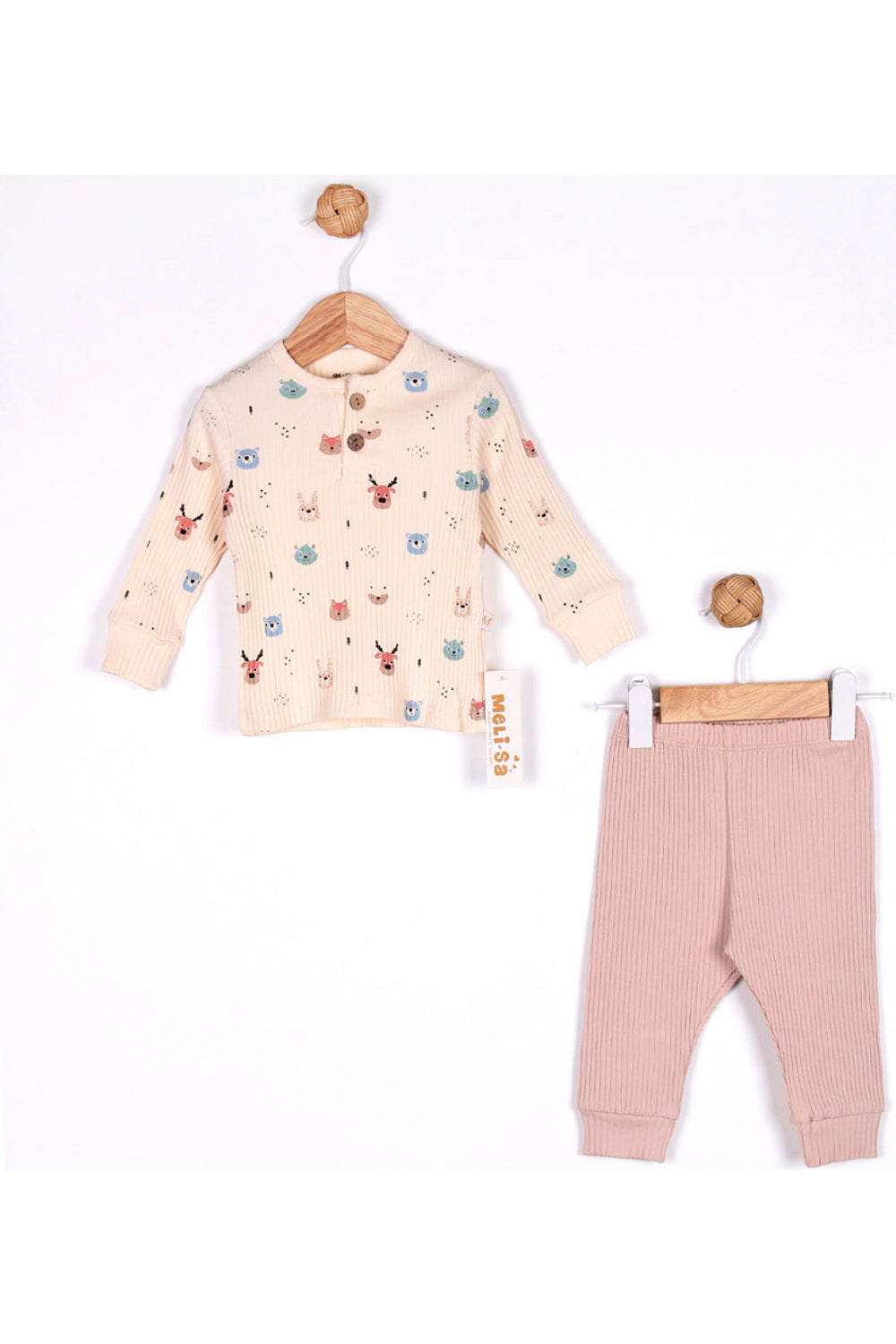 Unısex Bebek Düğme Yakalı Desenli Uzun Kollu Fitilli Kumaş Pijama Takım