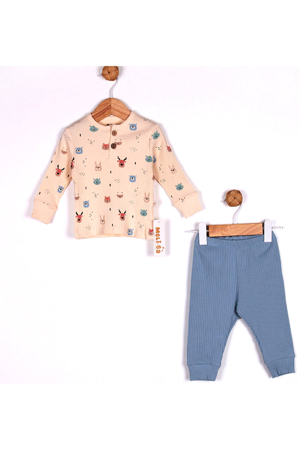 Unısex Bebek Düğme Yakalı Desenli Uzun Kollu Fitilli Kumaş Pijama Takım