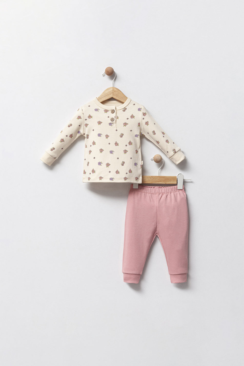 Kız Bebek Bisiklet Yaka Düğmeli Desenli Uzun Kollu Fitilli Kumaş Pijama Takımı