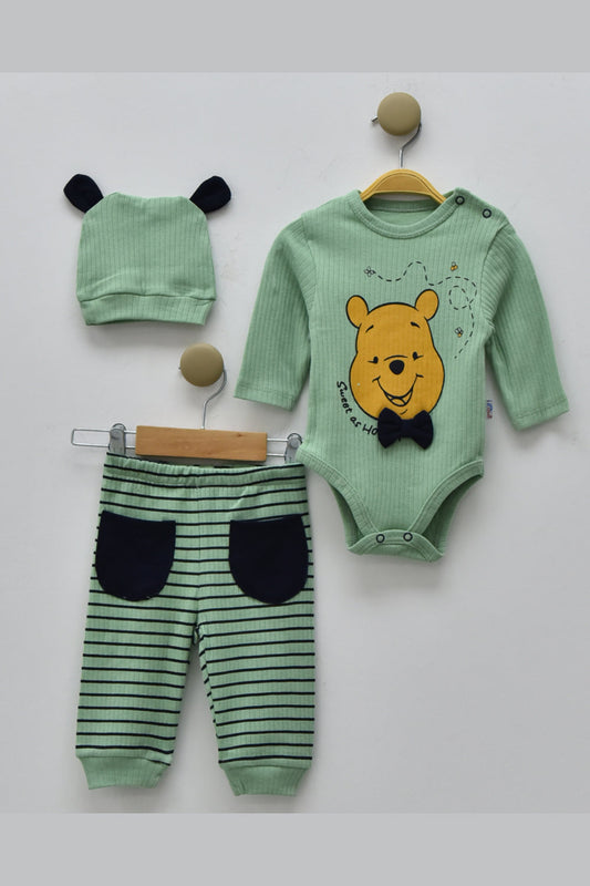 Papyonlu Winnie Pooh Desenli 3'lü Erkek Bebek Takım