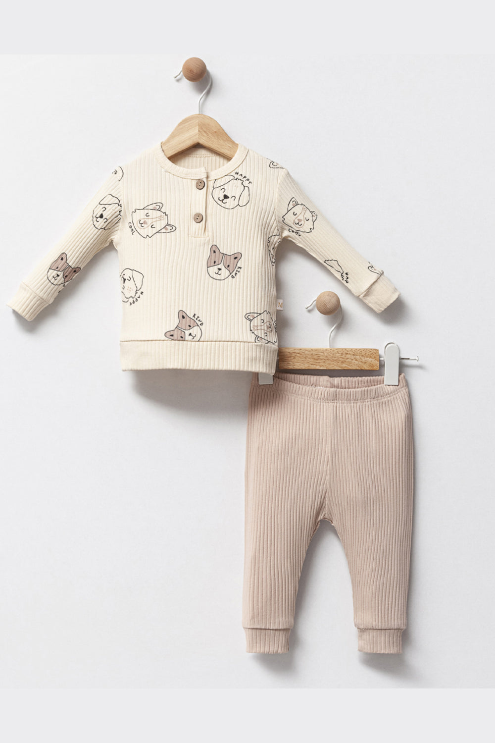Erkek Bebek Düğme Yakalı Desenli Uzun Kollu Fitilli Kumaş Pijama Takım