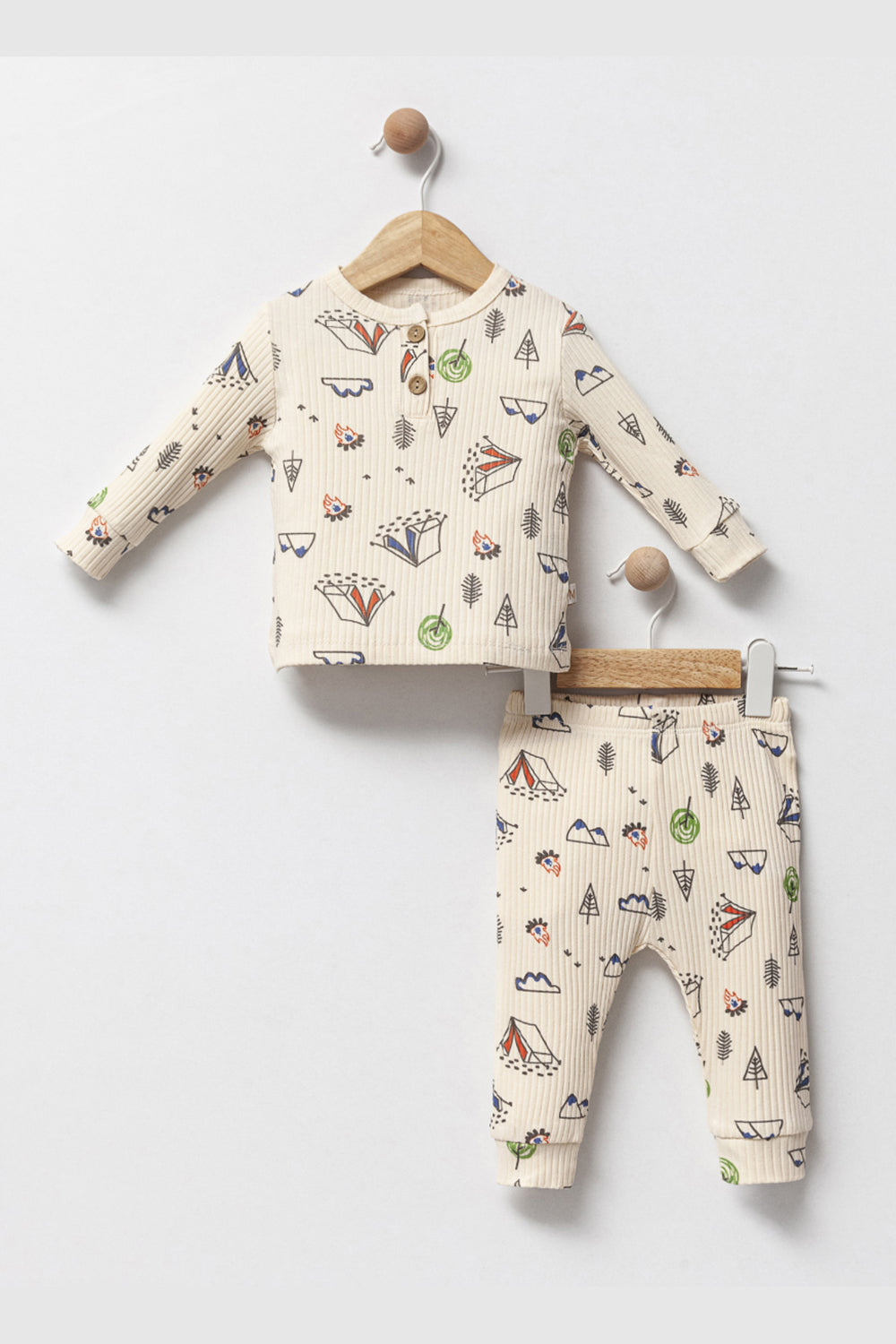 Unısex Bebek Düğme Yakalı Desenli Uzun Kollu Fitilli Kumaş Pijama Takım