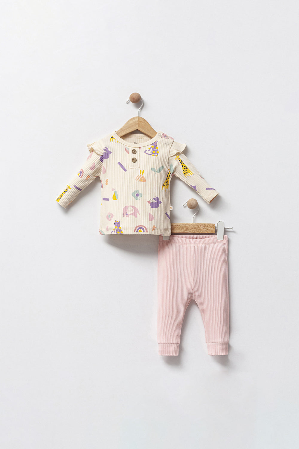 Kız Bebek Bisiklet Yaka Düğmeli Karışık Desenli Uzun Kollu Fitilli Kumaş Pijama Takımı