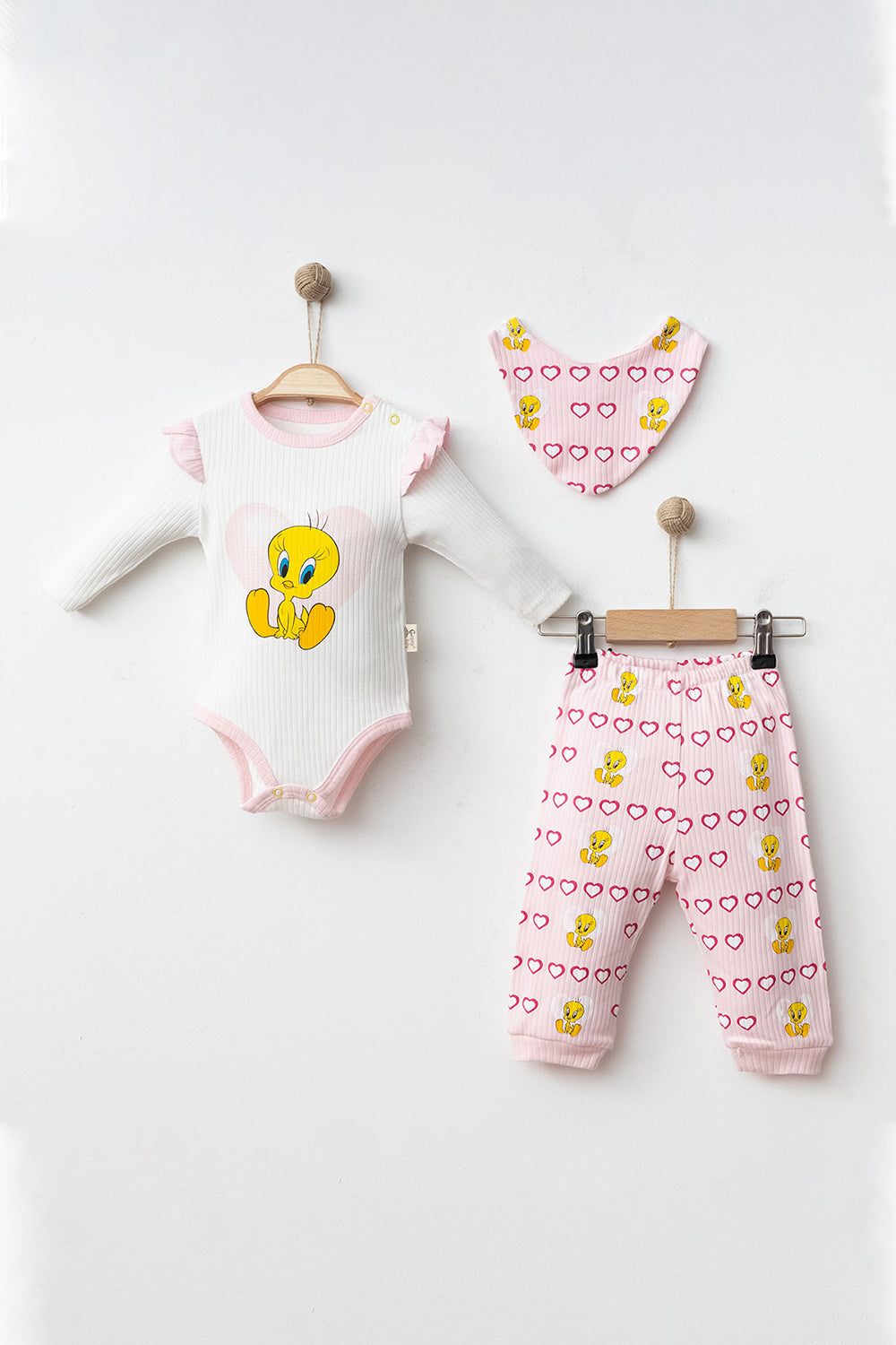 Ay Kalpli Civcivli 3'lü Baskılı Bebek Kız Takımı