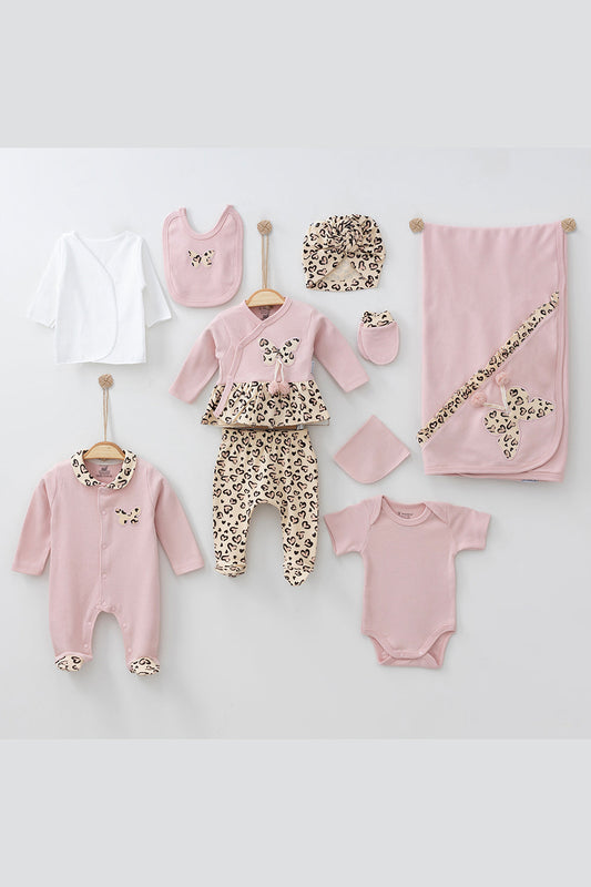 Leoparlı Kız Bebek Hastane Çıkışı Takımı Kutulu Yeni Doğan 10'lu Zıbın Seti 0-3 Ay