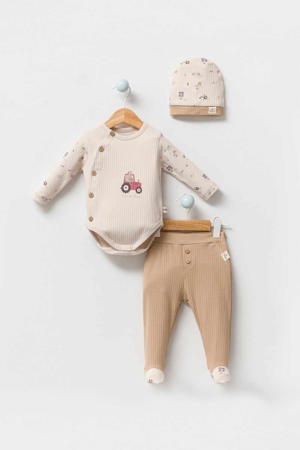 Çiftçi Desenli 3'lü Kruvaze Erkek Bebek Takım Fitilli Kumaş