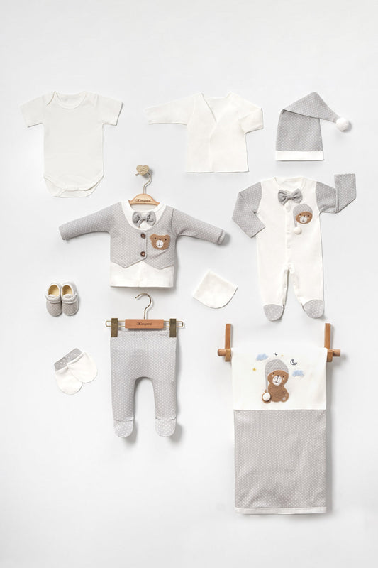 Uykucu Ayıcık Desenli Erkek Bebek Hastane Çıkışı Takımı 10'lu Yenidoğan Bebek Set 0-3 Ay