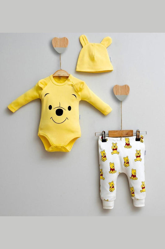 Winnie Pooh Baskılı Kulak Detaylı 3'lü Erkek Bebek Takım