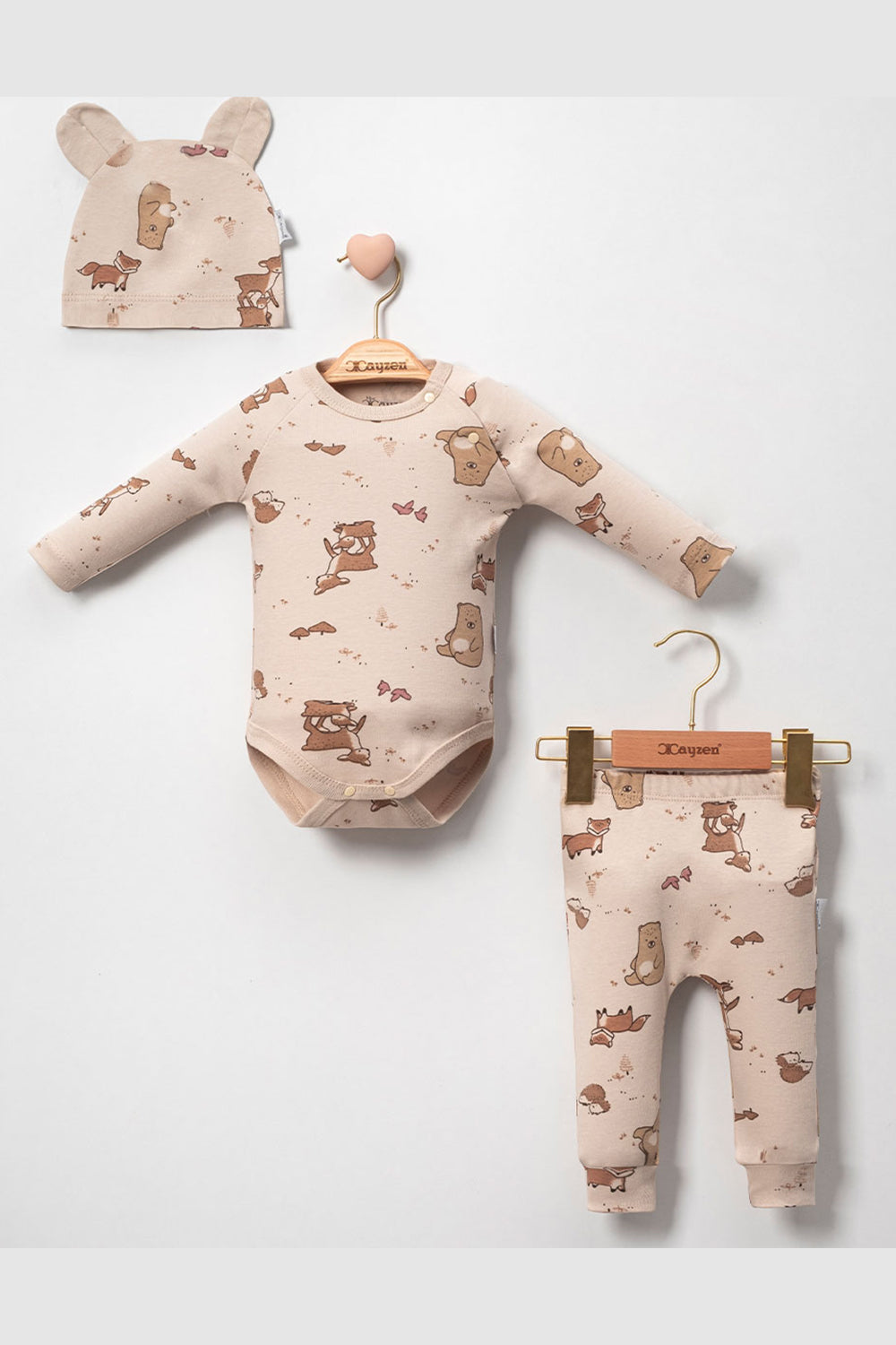Geyik Desenli Şapkalı 3'Lü Unisex Bebek Takım