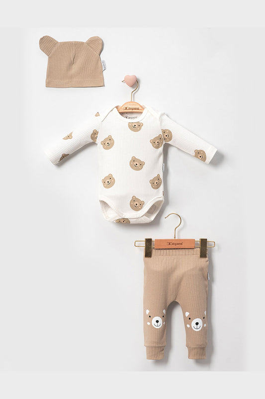 Ayıcık Baskılı Şapkalı 3'Lü Unisex Bebek Takım