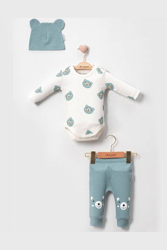 Ayıcık Baskılı Şapkalı 3'Lü Unisex Bebek Takım