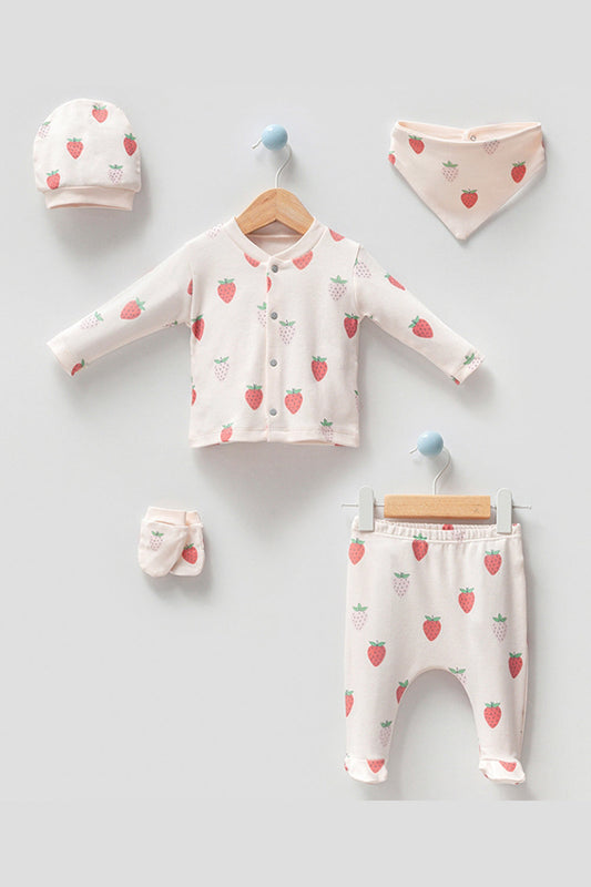 Çilek Desenli Kız Bebek Hastane Çıkışı Takımı 5'li Set Yenidoğan Bebek 0-3 Ay