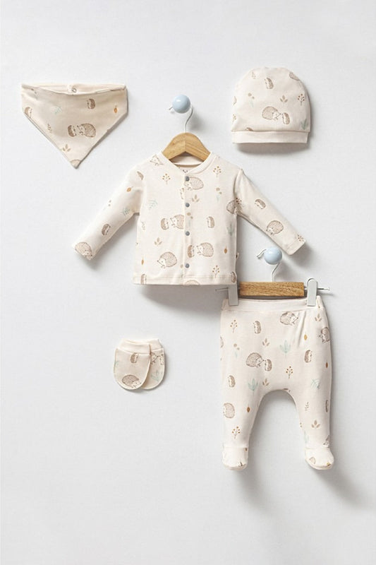 Kirpi Desenli Erkek Bebek Hastane Çıkışı Takımı 5'li Set Yenidoğan Bebek 0-3 Ay