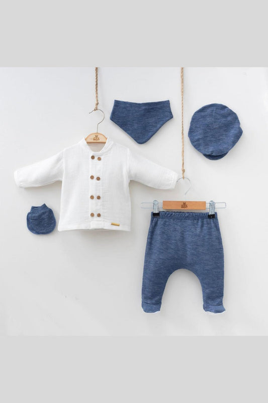 Beyzade Müslin Organik Erkek Bebek Hastane Çıkışı Takımı 5'li Zıbın Seti 0-3 Ay