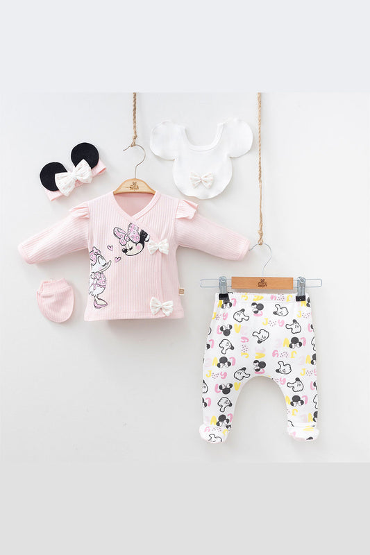Miki Ve Duck Detaylı Fırfırlı Kız Bebek Hastane Çıkışı Takımı 5'Li Zıbın Set 0-3 Ay