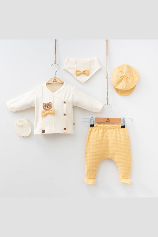 Fiyonklu Sevimli Ayıcık Desenli Organik Erkek Bebek Hastane Çıkışı Takımı 5'li Zıbın Seti 0-3 Ay