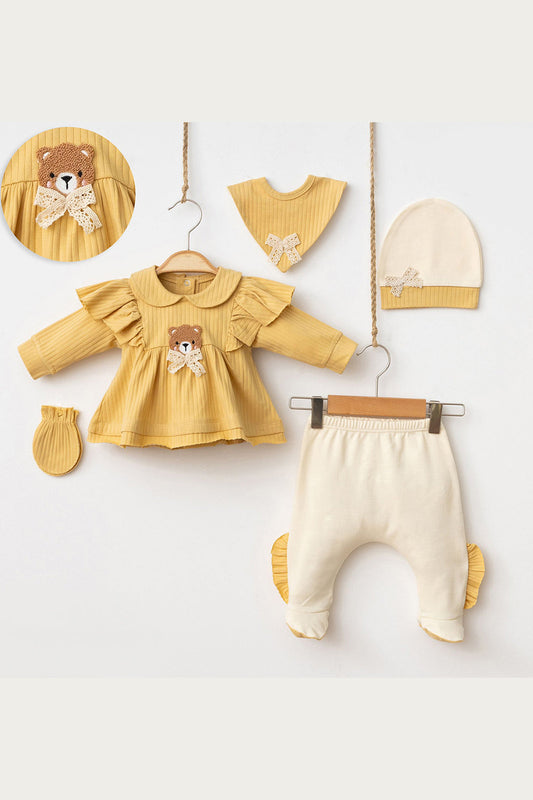 Kız Bebek Tatlı Ayı Desenli, Fırfırlı 5'li Hastane Çıkışı Seti Yenidoğan Bebek 0-3 Ay