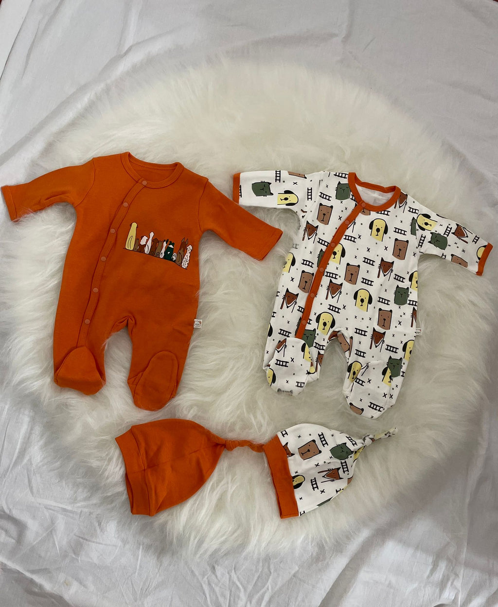 Minik Arkadaşlarım Desenli 2'Lü Bebek Tulum Takımı