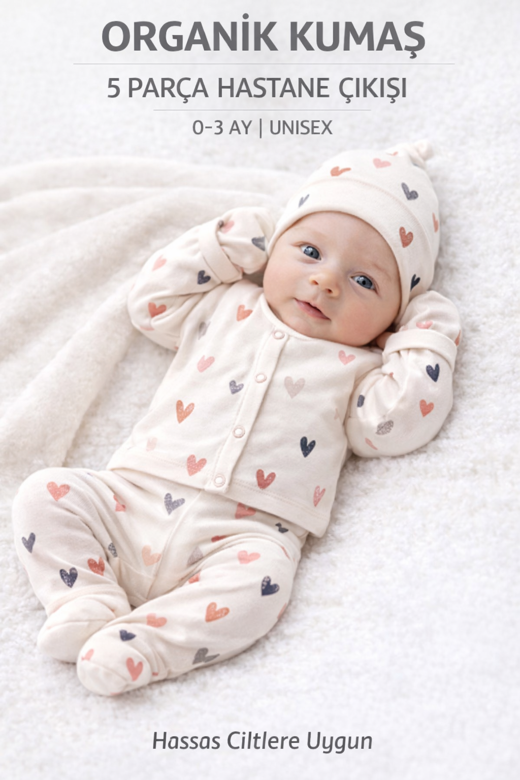 Kalp Desenli Kız Bebek Hastane Çıkışı Takımı 5'li Set Yenidoğan Bebek 0-3 Ay