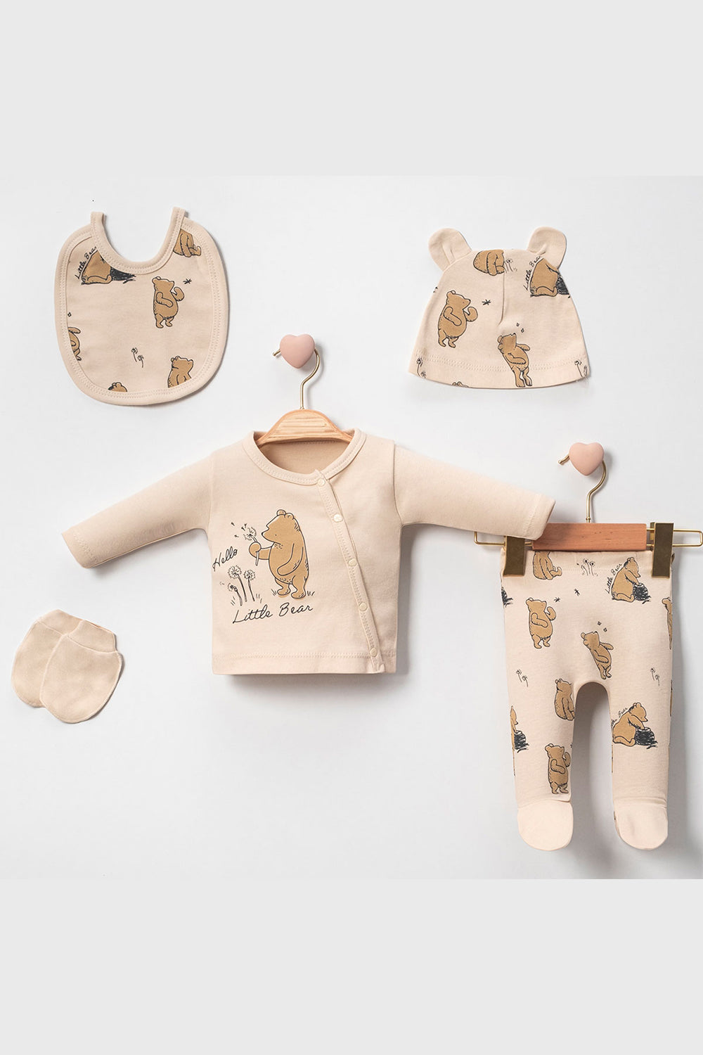 Little Bear Baskılı 5'Li Unisex Bebek Hastane Çıkışı Yenidoğan Zıbın Seti 0-3 Ay