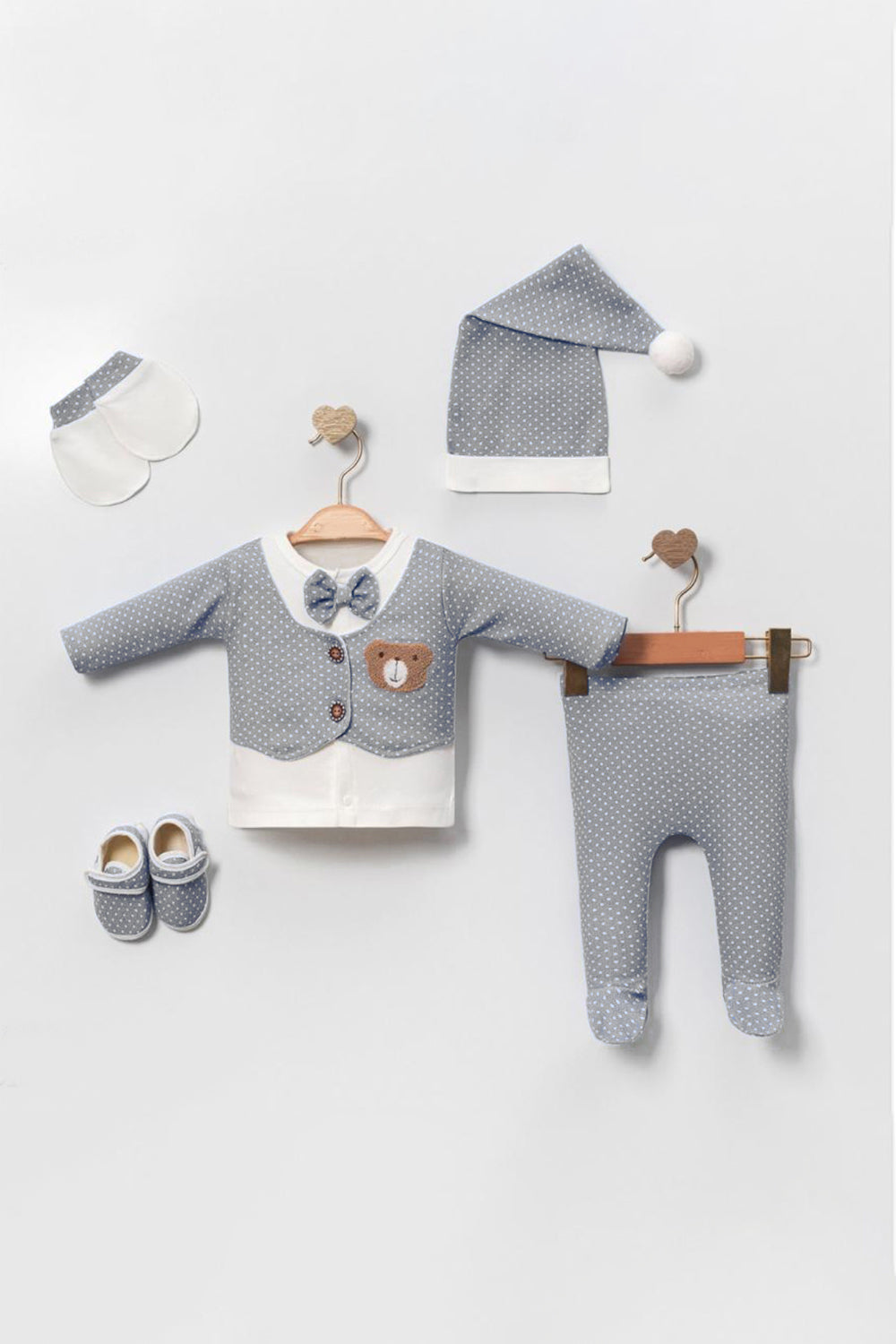 Uykucu Ayıcık Desenli Erkek Bebek Hastane Çıkışı Takımı Kutulu %100 Pamuk 5 Parça Set 0-3 Ay