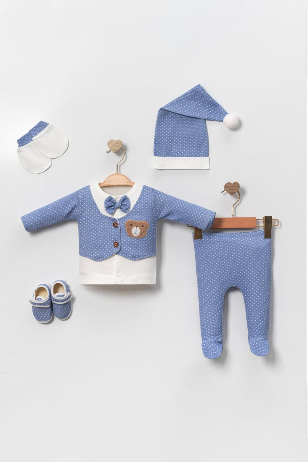 Uykucu Ayıcık Desenli Erkek Bebek Hastane Çıkışı Takımı Kutulu %100 Pamuk 5 Parça Set 0-3 Ay