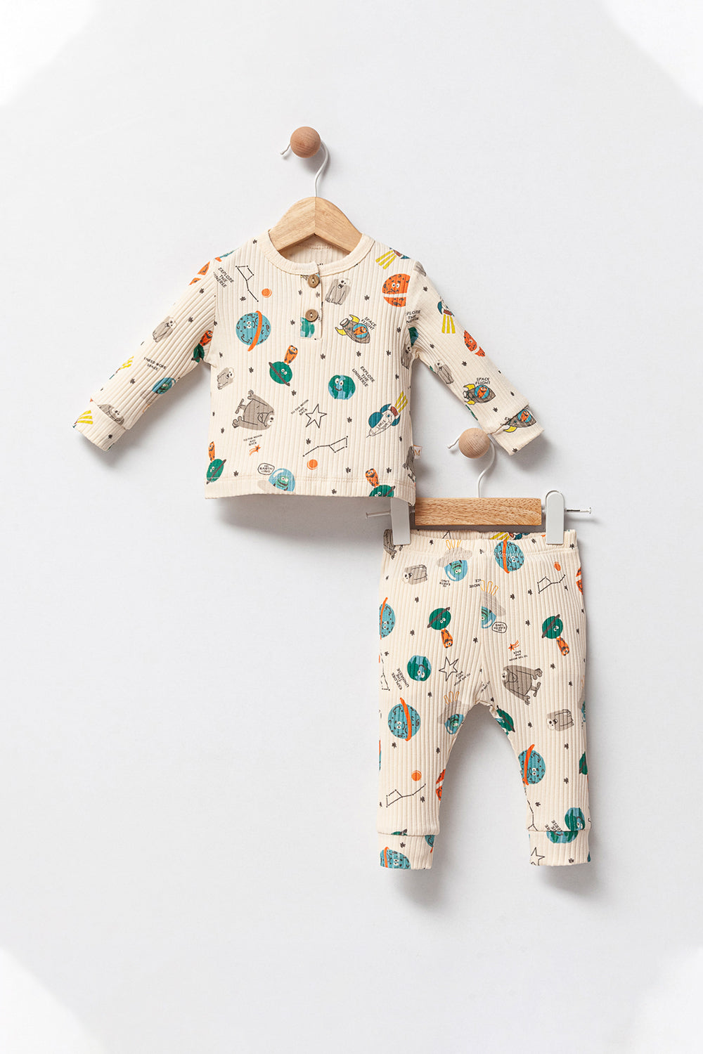 Uzay Temalı Bisiklet Yakalı 2'li Bebek Pijama Takımı