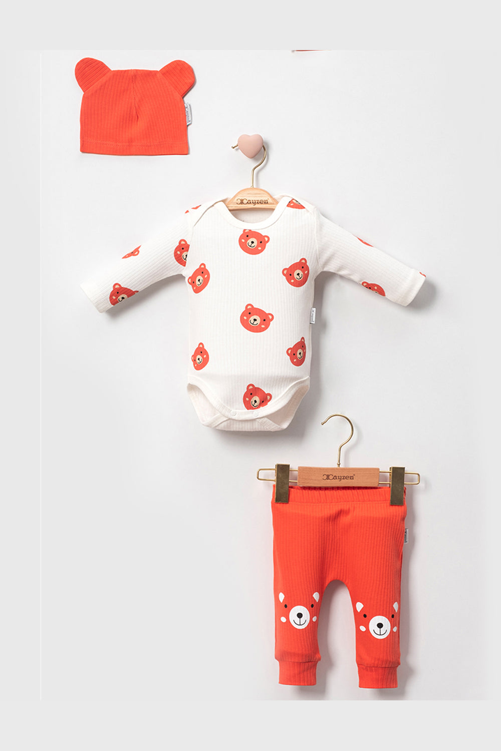 Ayıcık Baskılı Şapkalı 3'Lü Unisex Bebek Takım