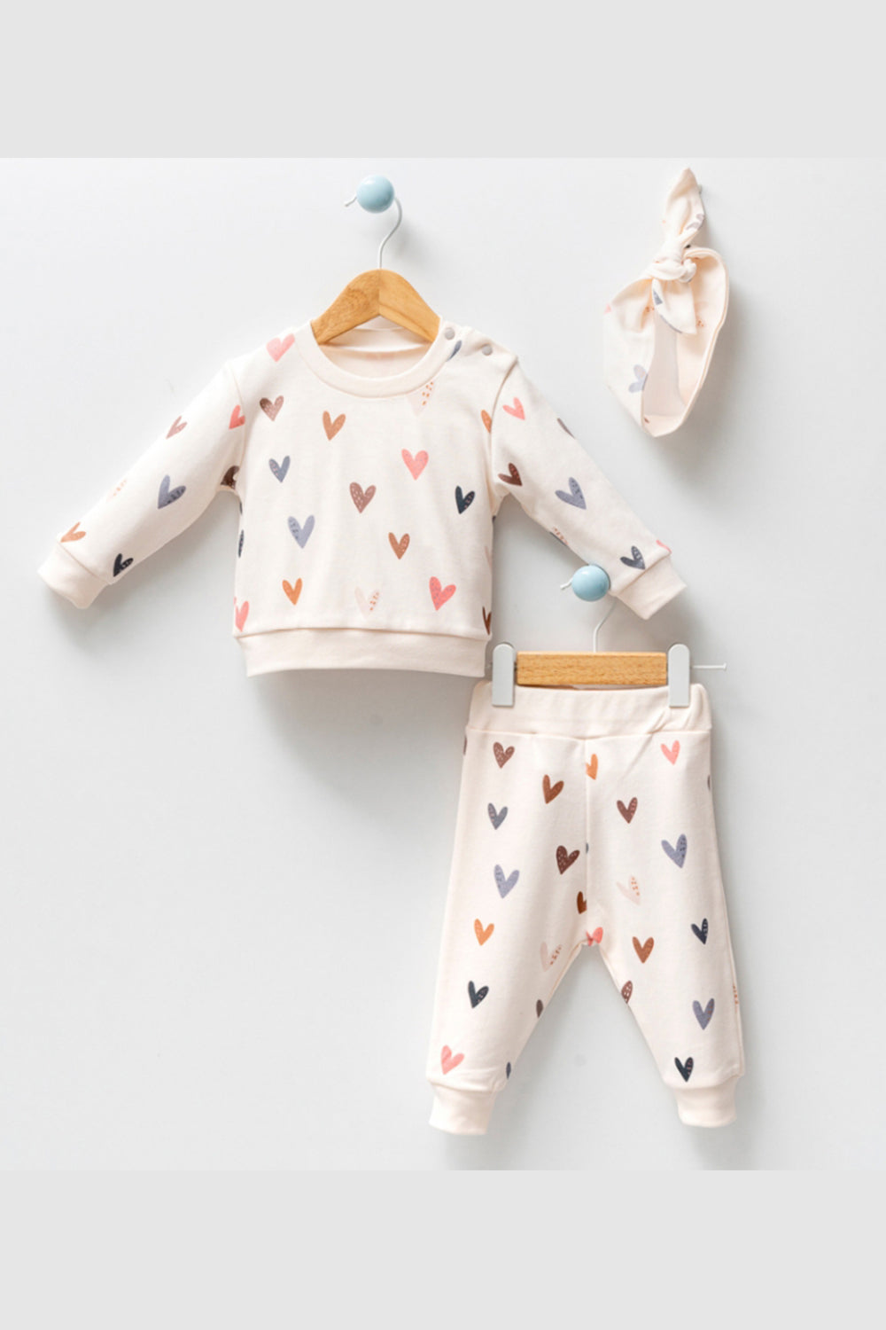 Kalpli Omuz Patlı Uzun Kollu Bandanalı 3'lü Kız Bebek Takım