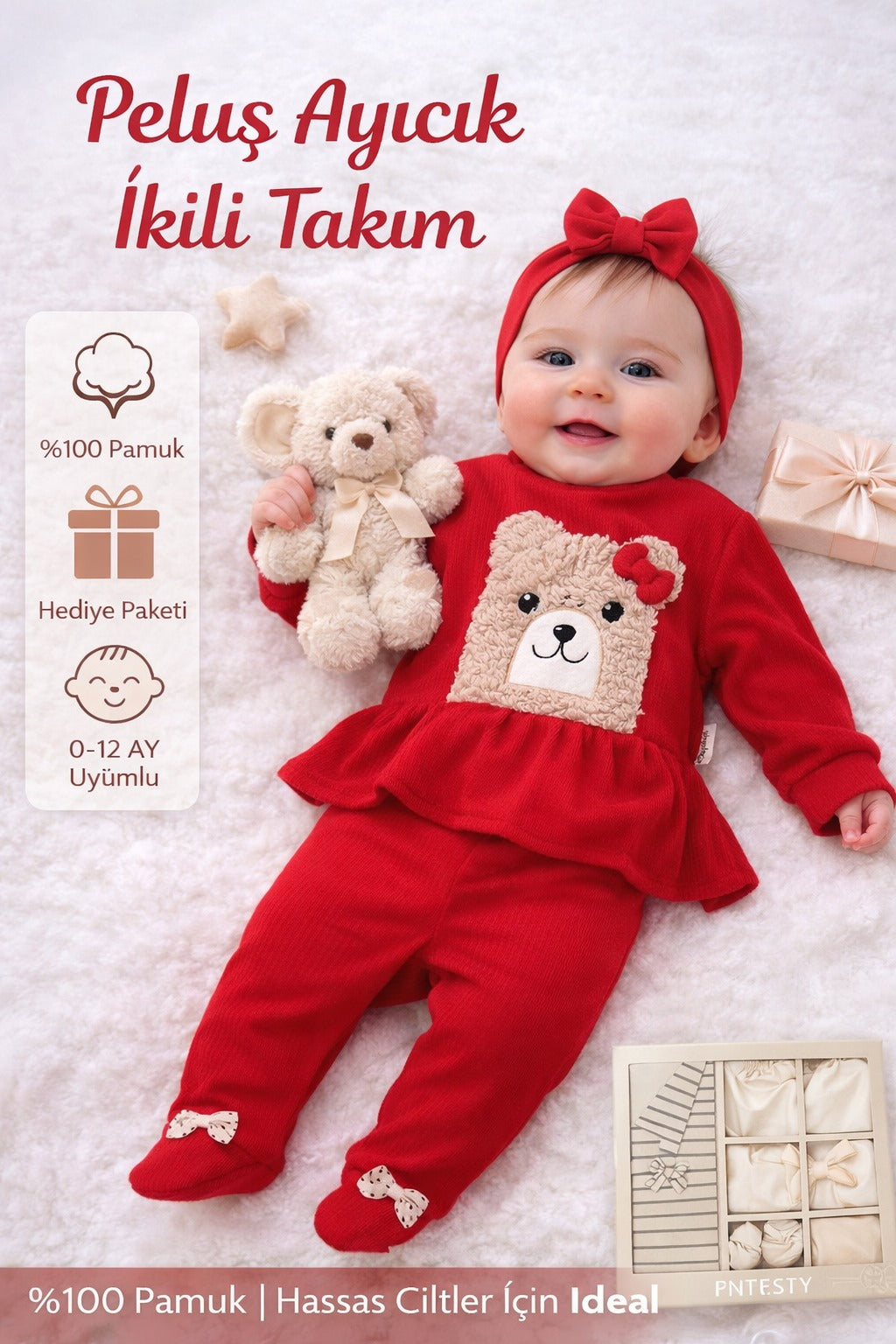 Kız Bebek Takımı Ayı Aplike Desenli Kadife Takım